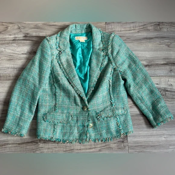 Michael Kors Tweed Jacket Blazer – Size 2 – Turquoise Fringe Trim - Picture 2 of 5